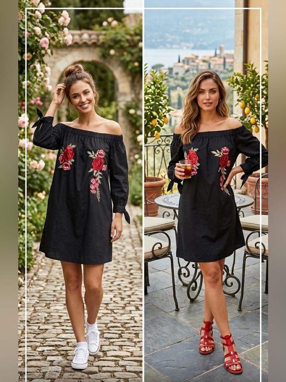 Moa Moa Black Off-Shoulder Dress with Pink Red Rose Embroidery NWT